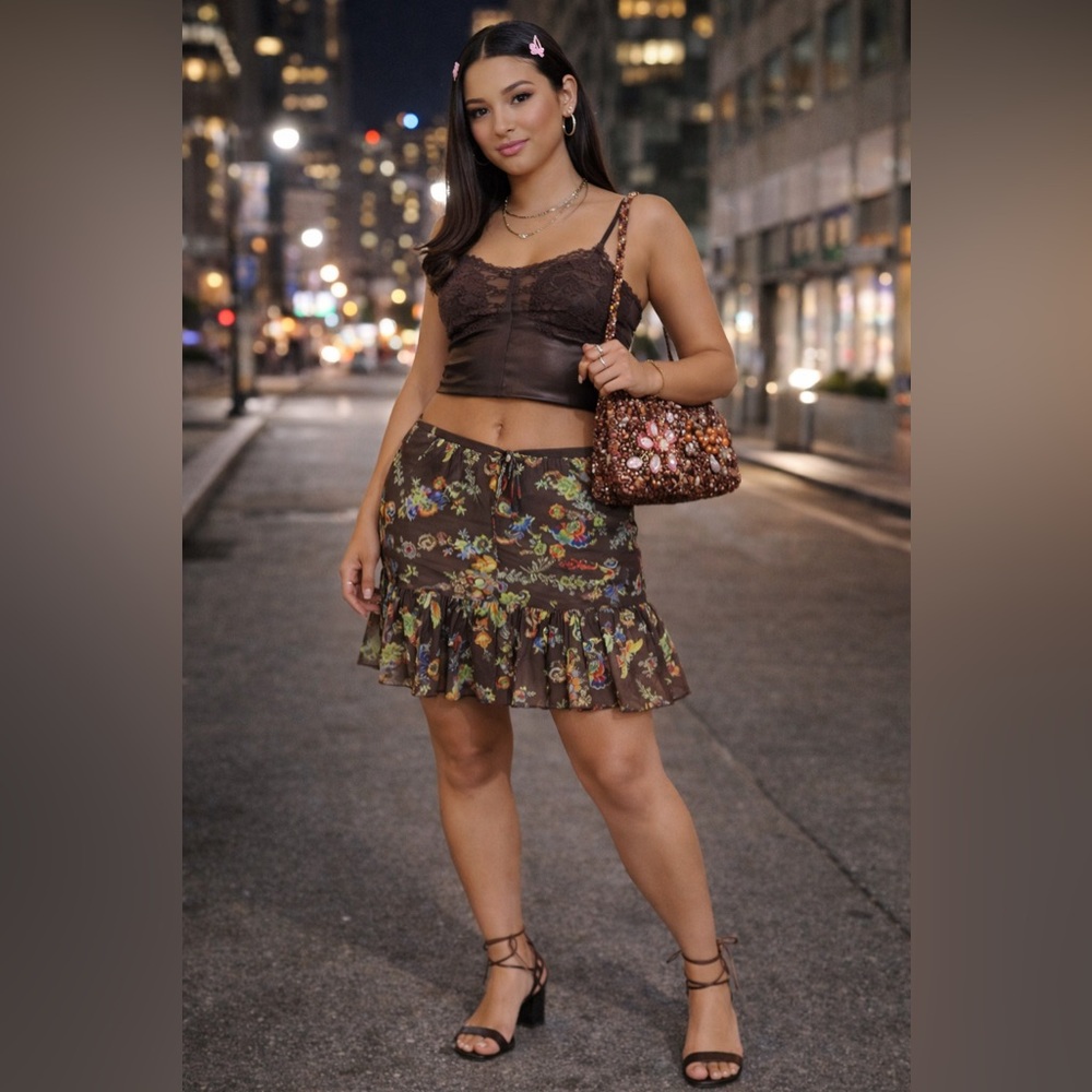 PARALLEL Y2K 90s Brown Floral Paisley Flared Skirt • Size 10 •‎ Boho / Festival